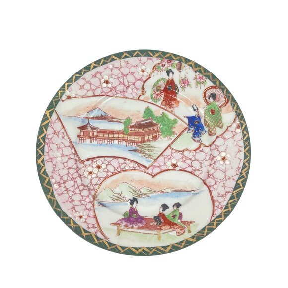 Japanese Decorative Plate With Geisha  Landscape Scenes Green Rim Handpainted - Picture 2 of 7